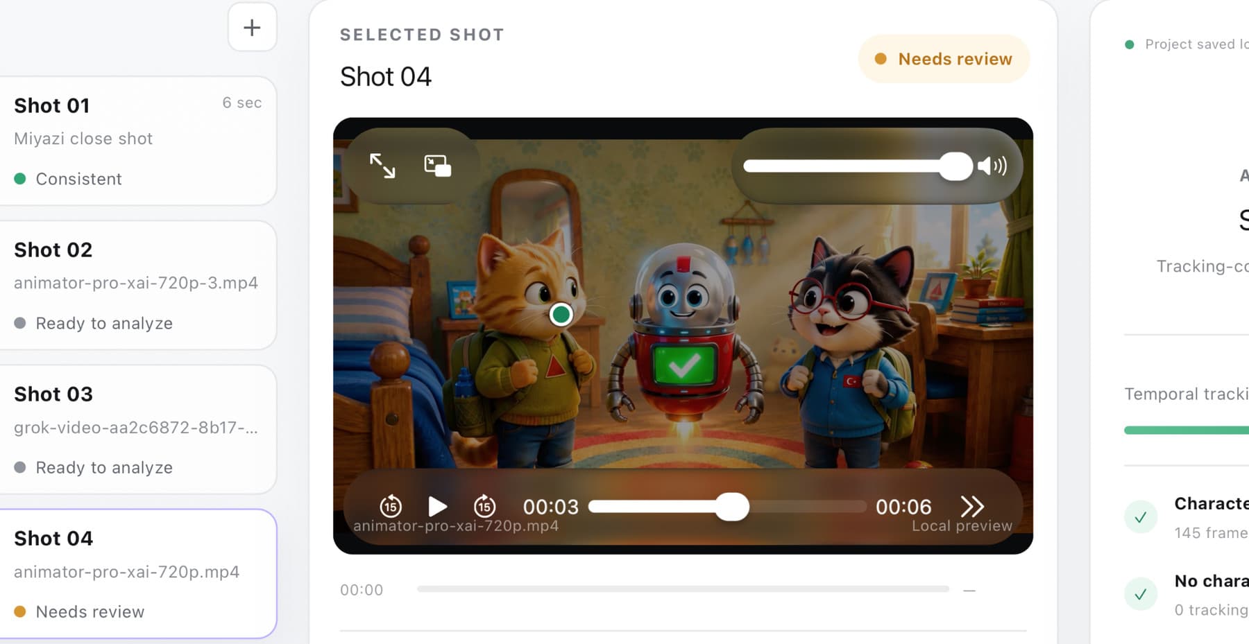 GebraPixel shot analysis — temporal tracking on a selected shot.