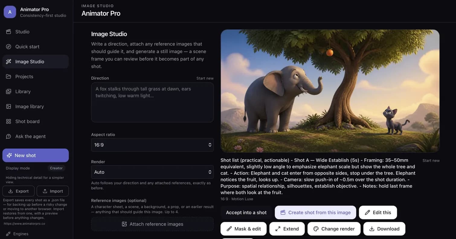 Animator Pro — Image Studio, a written direction beside the rendered scene.